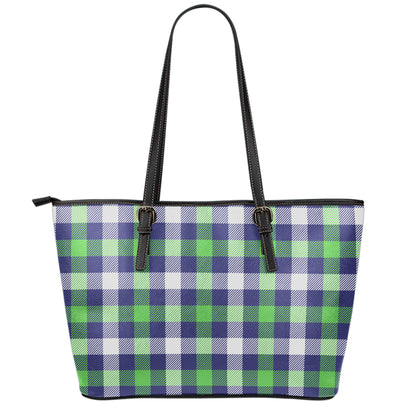 Green Blue And White Buffalo Plaid Print Leather Tote Bag
