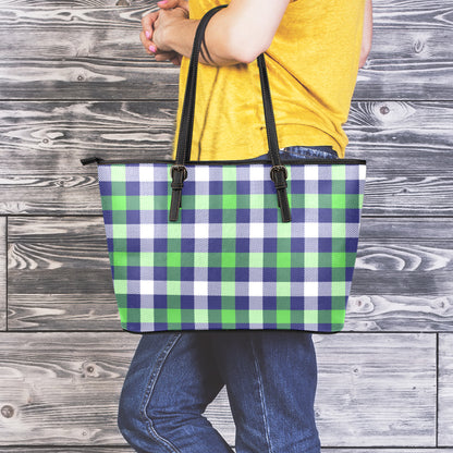 Green Blue And White Buffalo Plaid Print Leather Tote Bag