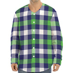 Green Blue And White Buffalo Plaid Print Long Sleeve Baseball Jersey