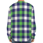 Green Blue And White Buffalo Plaid Print Long Sleeve Baseball Jersey