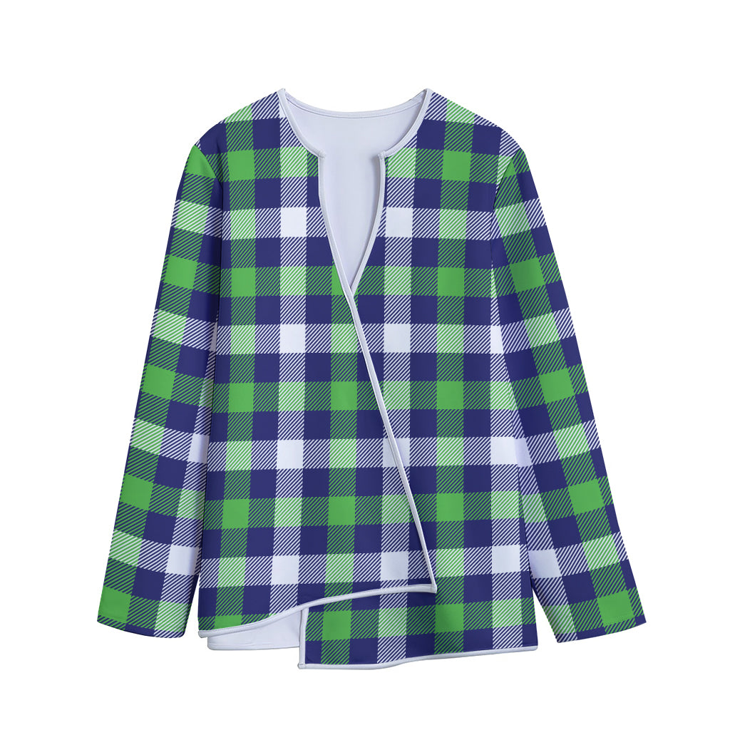 Green Blue And White Buffalo Plaid Print Long Sleeve Short Coat