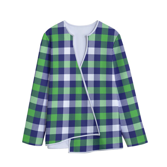 Green Blue And White Buffalo Plaid Print Long Sleeve Short Coat