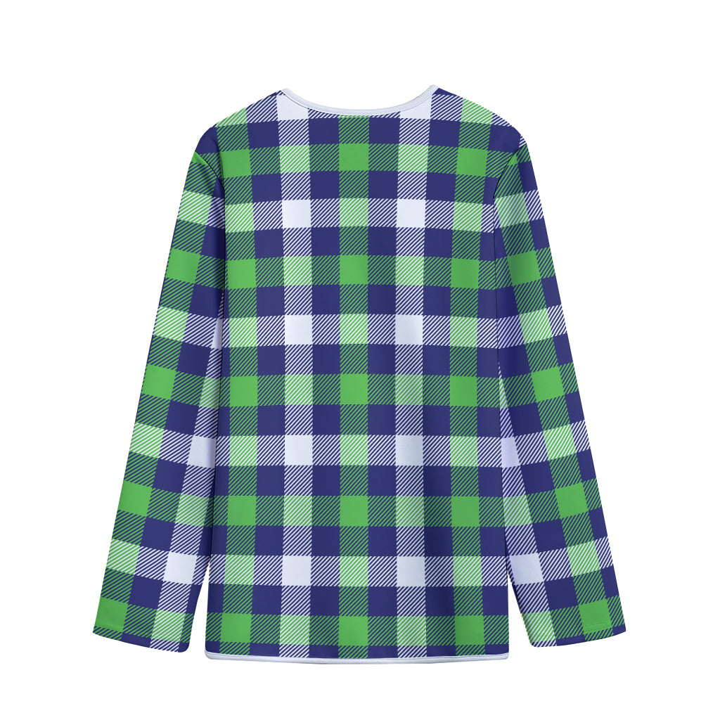Green Blue And White Buffalo Plaid Print Long Sleeve Short Coat
