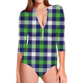 Green Blue And White Buffalo Plaid Print Long Sleeve Swimsuit