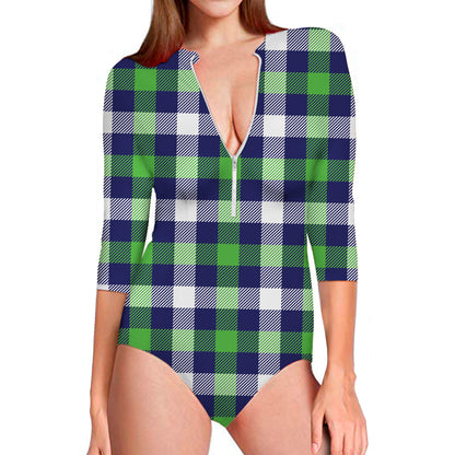 Green Blue And White Buffalo Plaid Print Long Sleeve Swimsuit