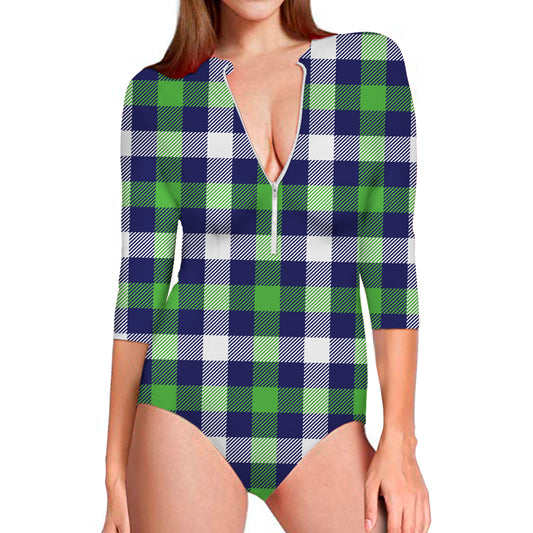 Green Blue And White Buffalo Plaid Print Long Sleeve Swimsuit