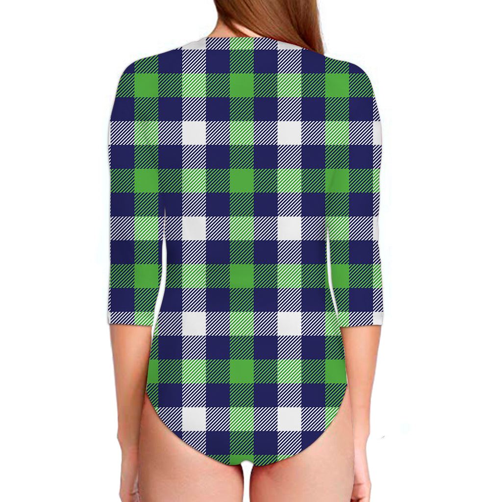 Green Blue And White Buffalo Plaid Print Long Sleeve Swimsuit