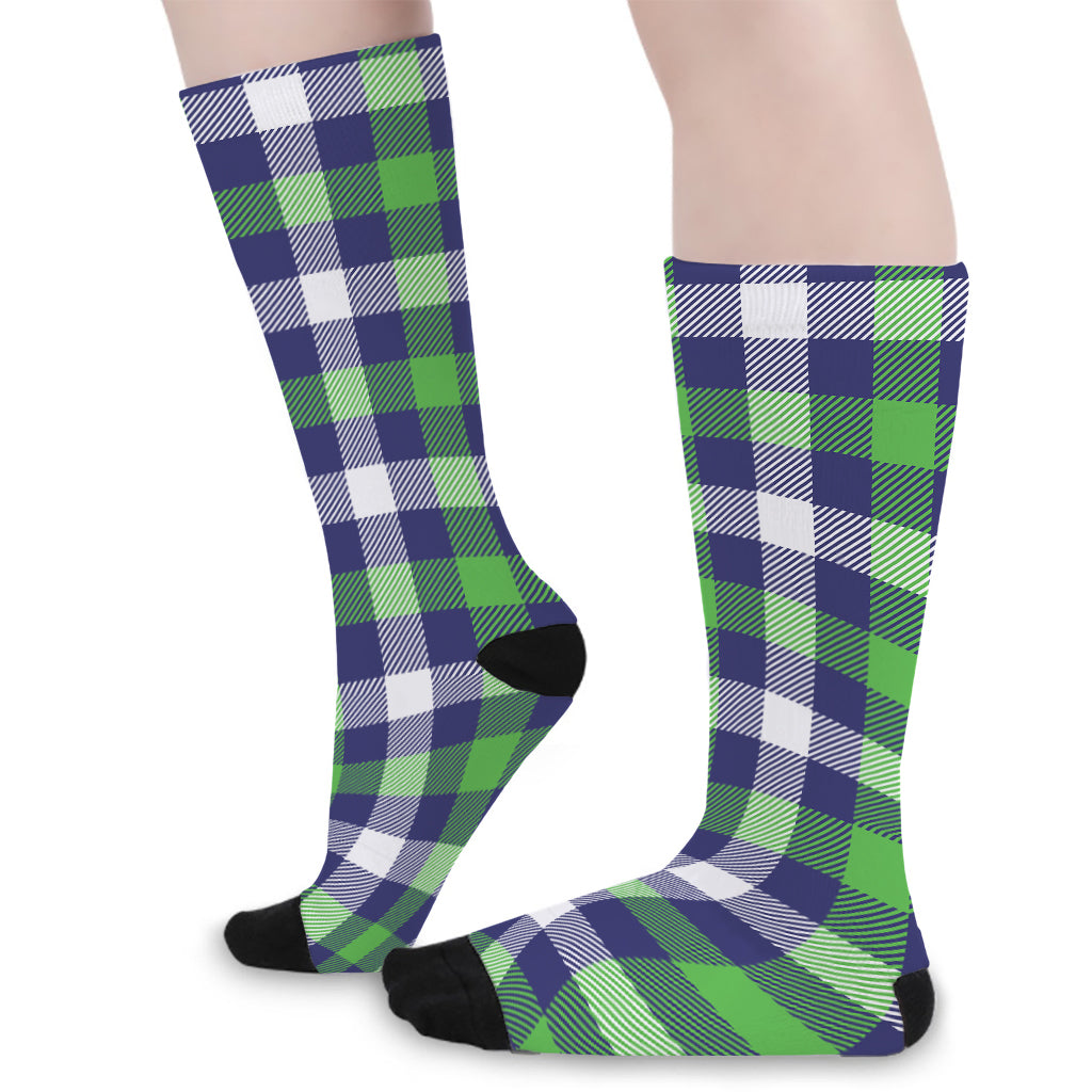 Green Blue And White Buffalo Plaid Print Long Socks