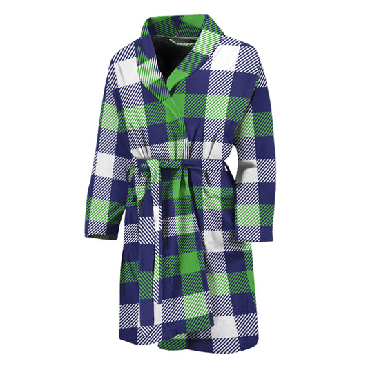 Green Blue And White Buffalo Plaid Print Men's Bathrobe