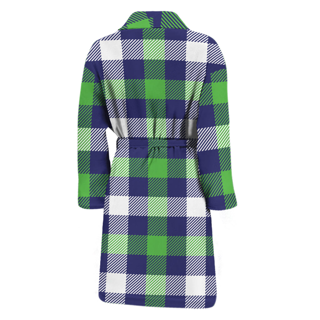 Green Blue And White Buffalo Plaid Print Men's Bathrobe