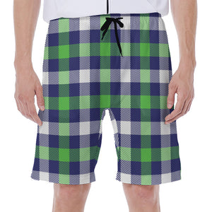 Green Blue And White Buffalo Plaid Print Men's Beach Shorts