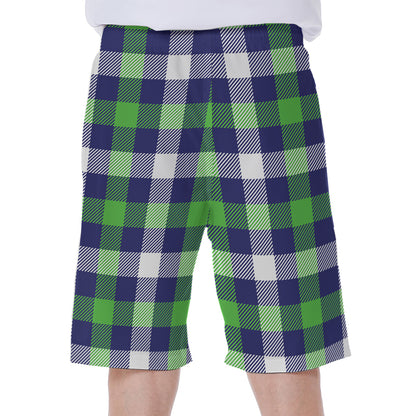 Green Blue And White Buffalo Plaid Print Men's Beach Shorts