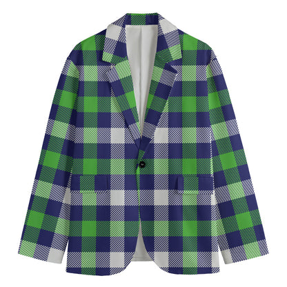 Green Blue And White Buffalo Plaid Print Men's Blazer