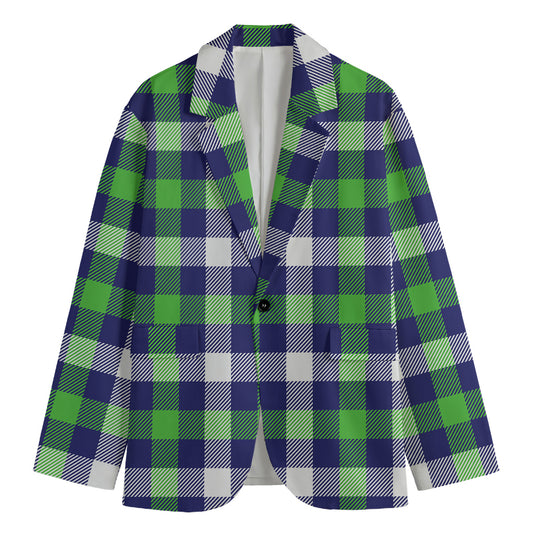 Green Blue And White Buffalo Plaid Print Men's Blazer