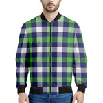 Green Blue And White Buffalo Plaid Print Men's Bomber Jacket