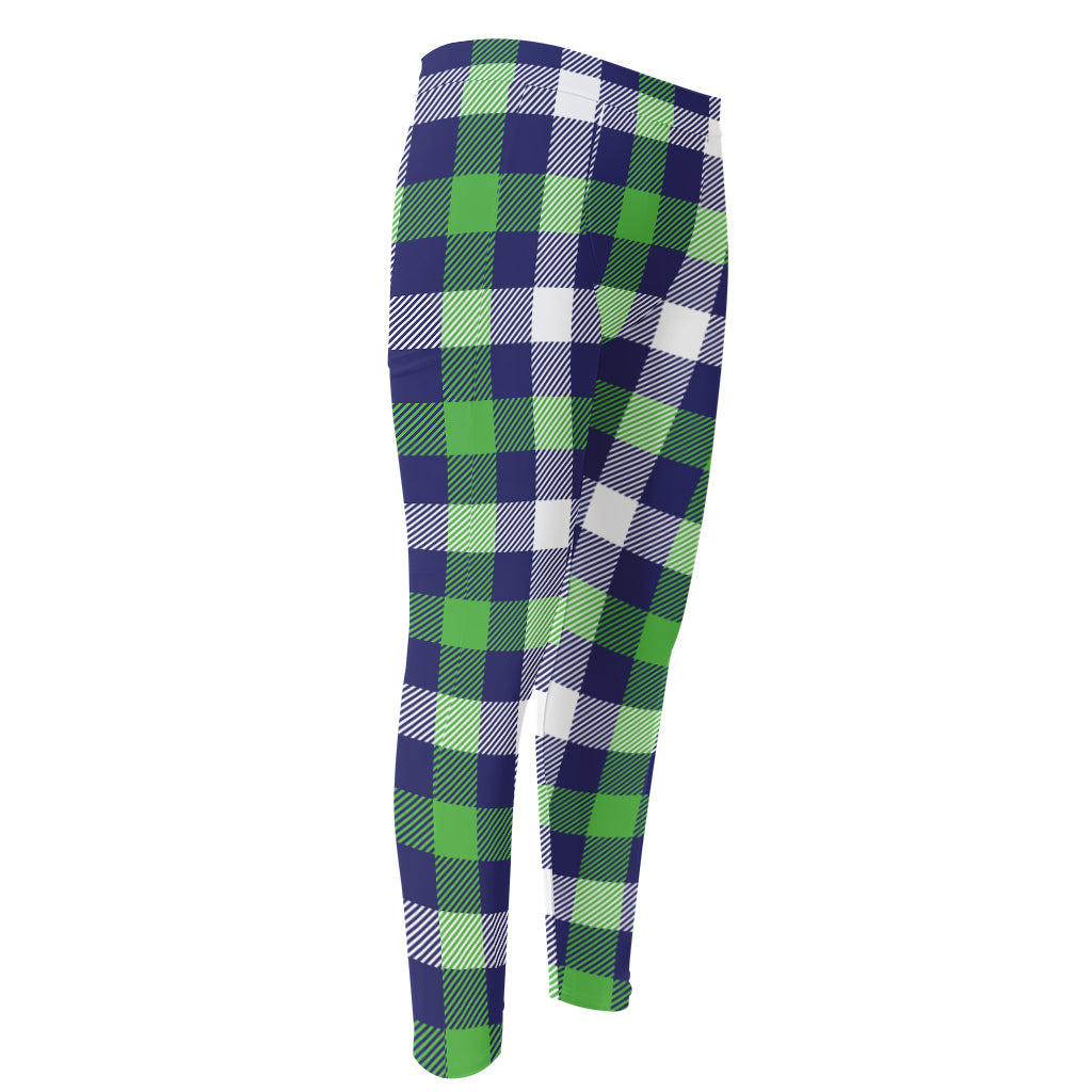 Green Blue And White Buffalo Plaid Print Men's Compression Pants