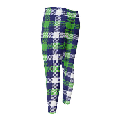 Green Blue And White Buffalo Plaid Print Men's Compression Pants