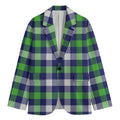 Green Blue And White Buffalo Plaid Print Men's Cotton Blazer