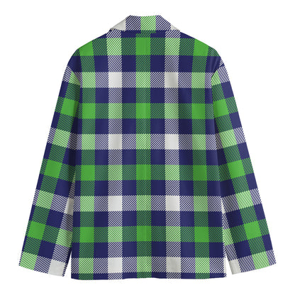 Green Blue And White Buffalo Plaid Print Men's Cotton Blazer