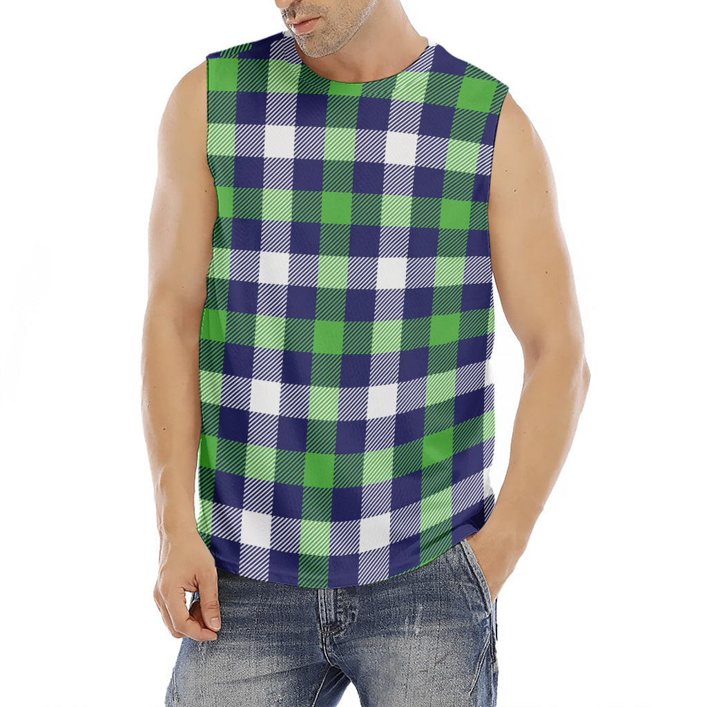 Green Blue And White Buffalo Plaid Print Men's Fitness Tank Top