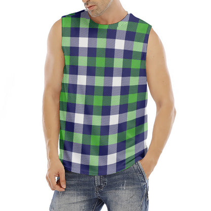Green Blue And White Buffalo Plaid Print Men's Fitness Tank Top