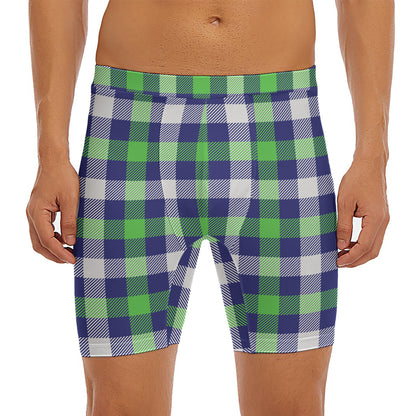 Green Blue And White Buffalo Plaid Print Men's Long Boxer Briefs