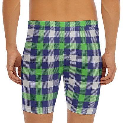 Green Blue And White Buffalo Plaid Print Men's Long Boxer Briefs