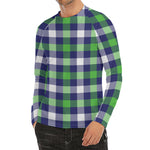 Green Blue And White Buffalo Plaid Print Men's Long Sleeve Rash Guard