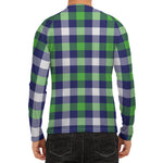 Green Blue And White Buffalo Plaid Print Men's Long Sleeve Rash Guard