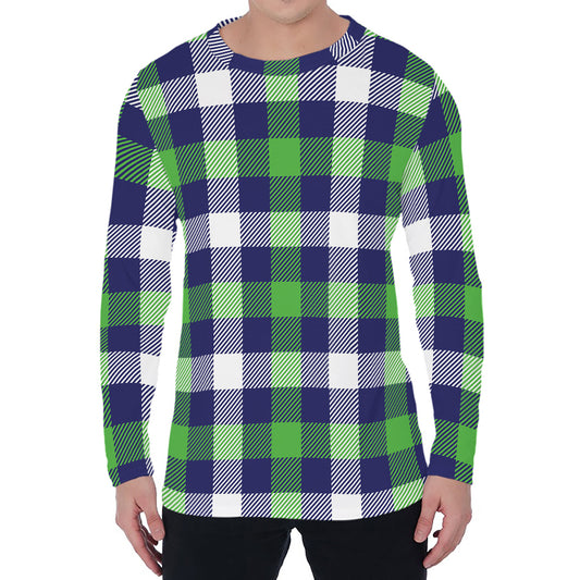 Green Blue And White Buffalo Plaid Print Men's Long Sleeve T-Shirt