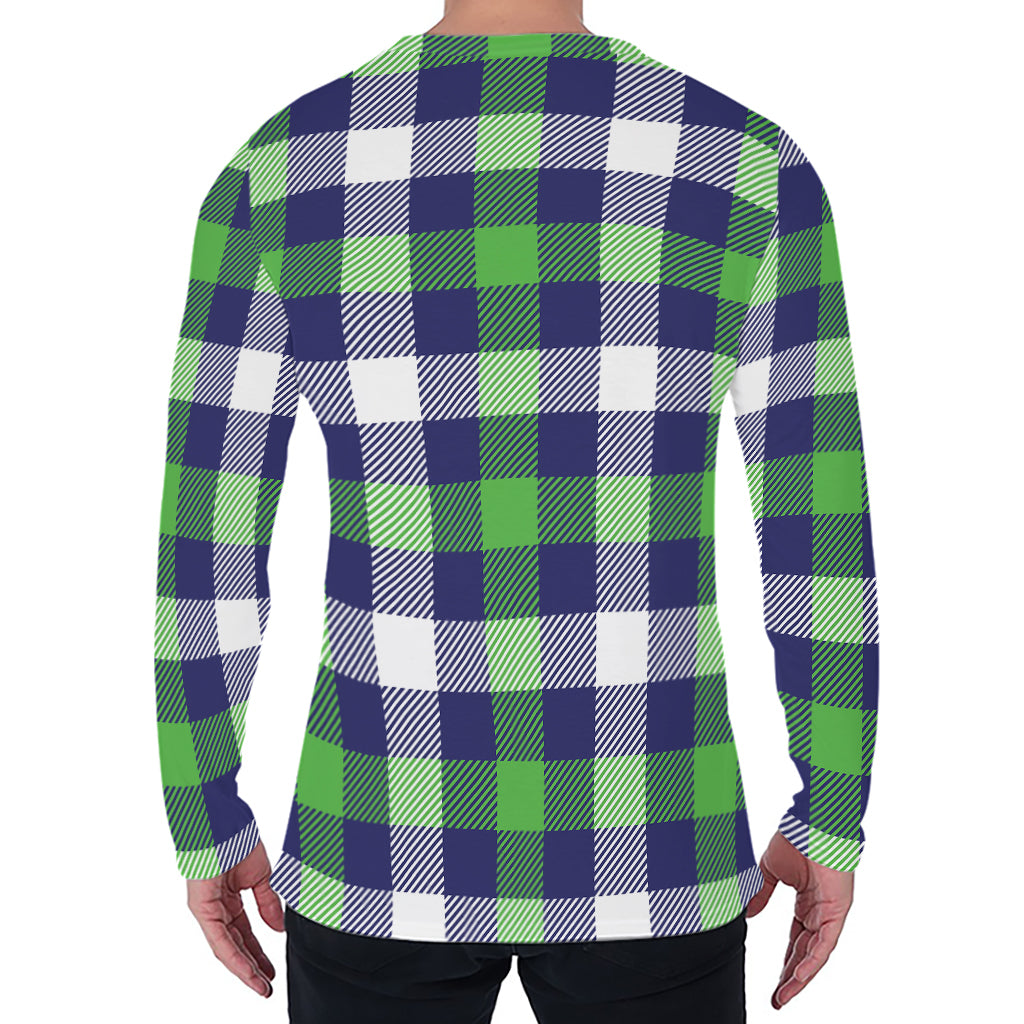 Green Blue And White Buffalo Plaid Print Men's Long Sleeve T-Shirt