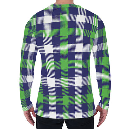 Green Blue And White Buffalo Plaid Print Men's Long Sleeve T-Shirt