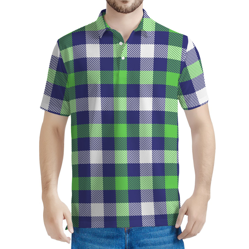 Green Blue And White Buffalo Plaid Print Men's Polo Shirt