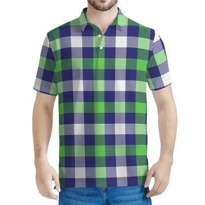 Green Blue And White Buffalo Plaid Print Men's Polo Shirt