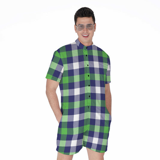 Green Blue And White Buffalo Plaid Print Men's Rompers