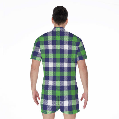 Green Blue And White Buffalo Plaid Print Men's Rompers