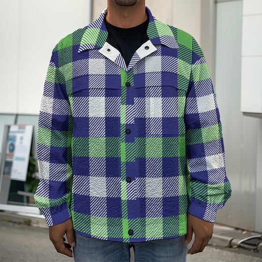 Green Blue And White Buffalo Plaid Print Men's Shirt Jacket