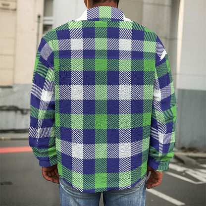 Green Blue And White Buffalo Plaid Print Men's Shirt Jacket