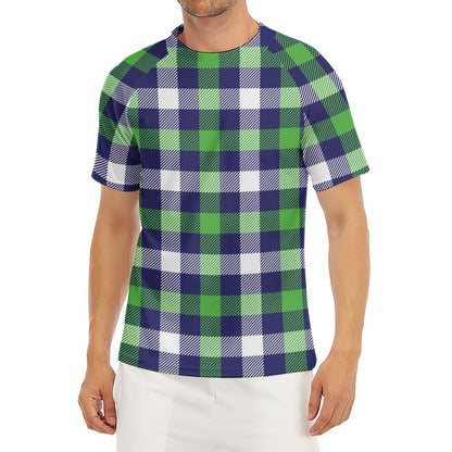Green Blue And White Buffalo Plaid Print Men's Short Sleeve Rash Guard