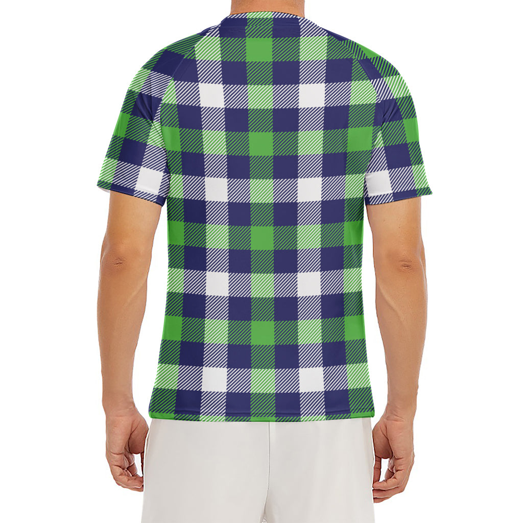Green Blue And White Buffalo Plaid Print Men's Short Sleeve Rash Guard