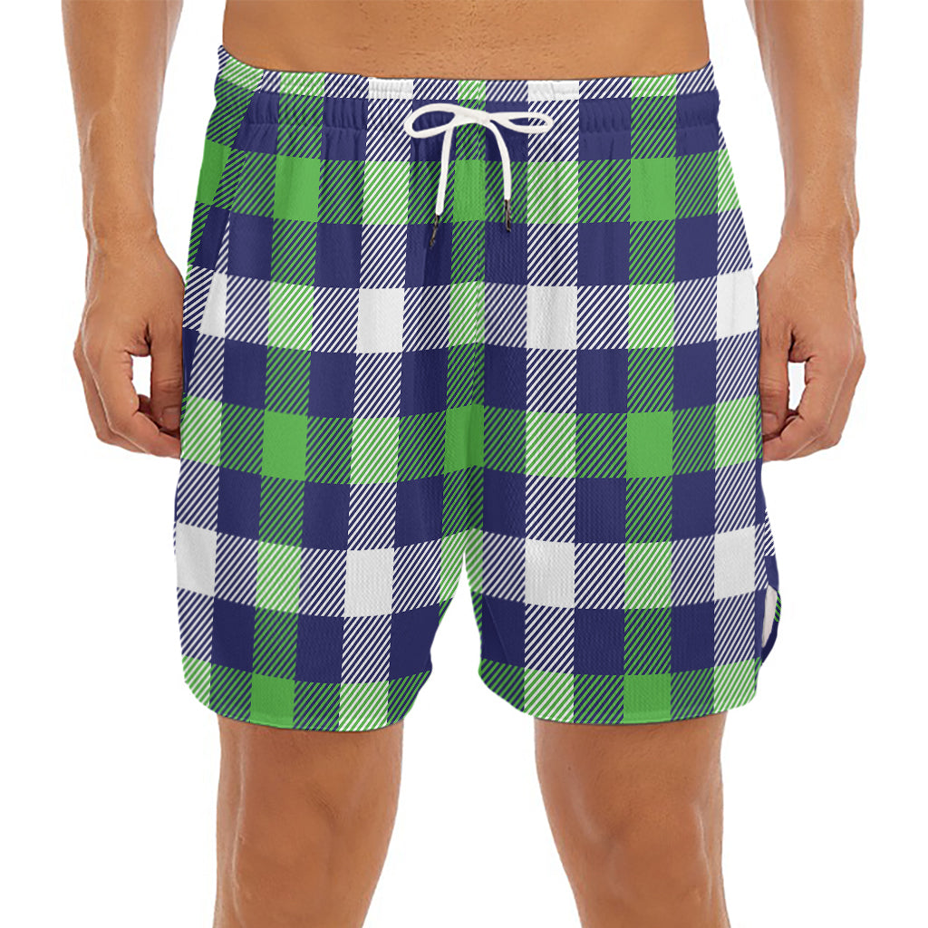 Green Blue And White Buffalo Plaid Print Men's Split Running Shorts