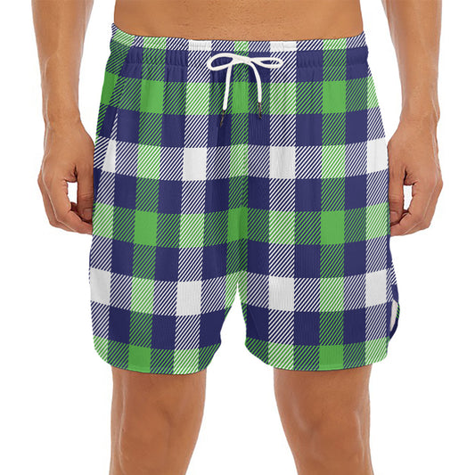 Green Blue And White Buffalo Plaid Print Men's Split Running Shorts