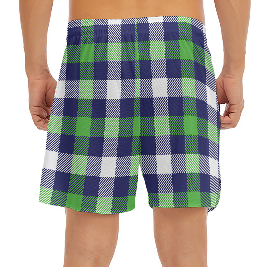 Green Blue And White Buffalo Plaid Print Men's Split Running Shorts