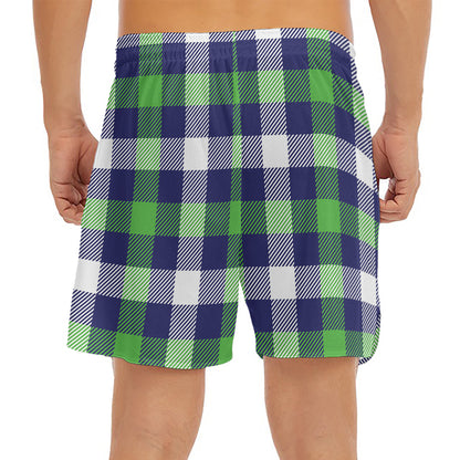 Green Blue And White Buffalo Plaid Print Men's Split Running Shorts
