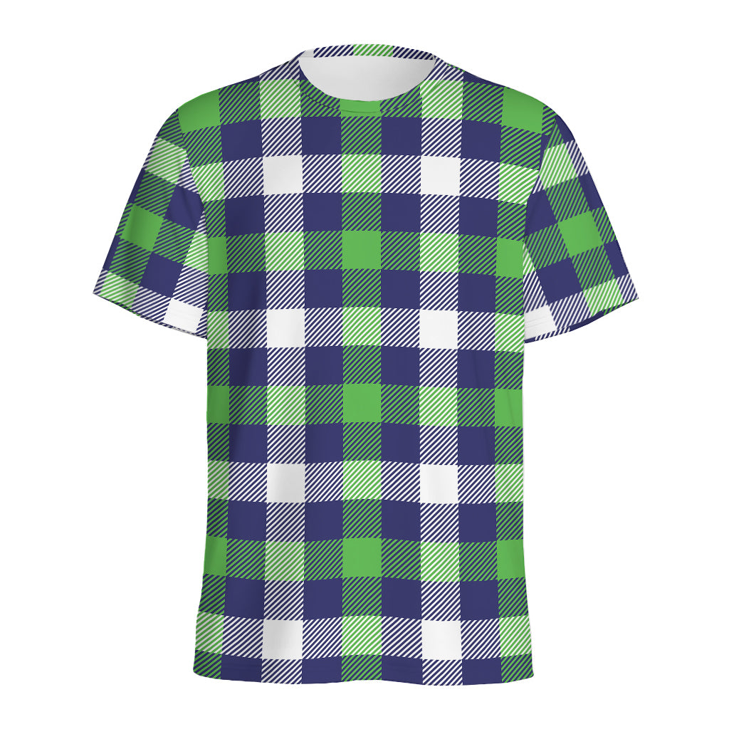 Green Blue And White Buffalo Plaid Print Men's Sports T-Shirt