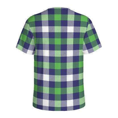 Green Blue And White Buffalo Plaid Print Men's Sports T-Shirt