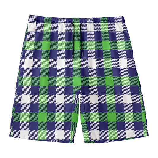 Green Blue And White Buffalo Plaid Print Men's Swim Trunks