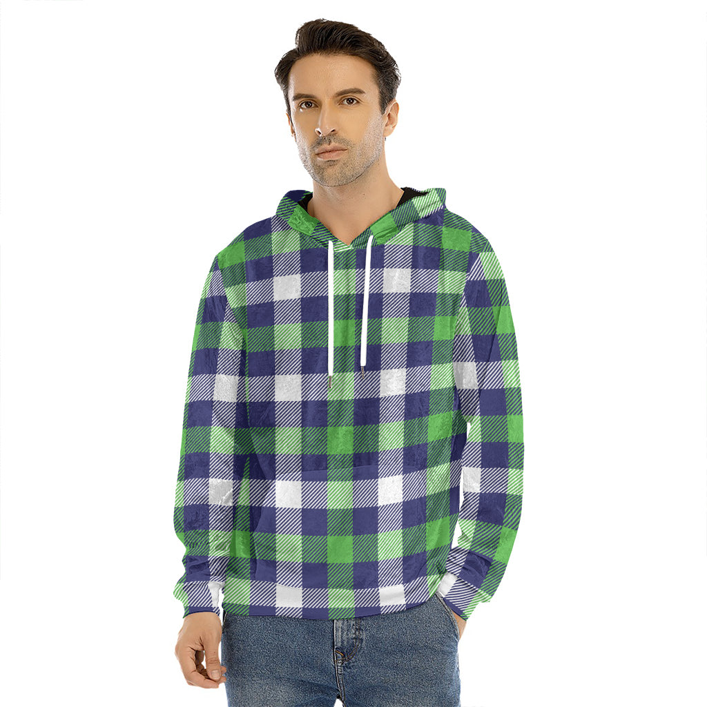 Green Blue And White Buffalo Plaid Print Men's Velvet Pullover Hoodie