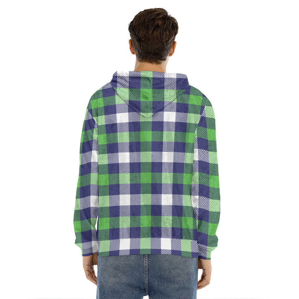 Green Blue And White Buffalo Plaid Print Men's Velvet Pullover Hoodie