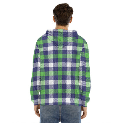 Green Blue And White Buffalo Plaid Print Men's Velvet Pullover Hoodie